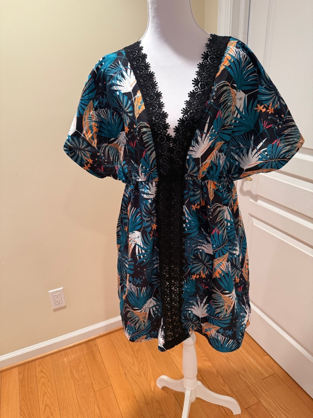 Tropical Leaf Dress with Black Lace Trim